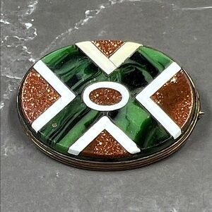 Antique Victorian Scottish Goldstone Malachite Jasper Inlaid Pin Brooch